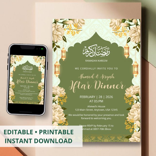 Elegant Sagegrön Blommig Ramadan Kareem Iftar Inbjudningar (Skapare uppladdad)