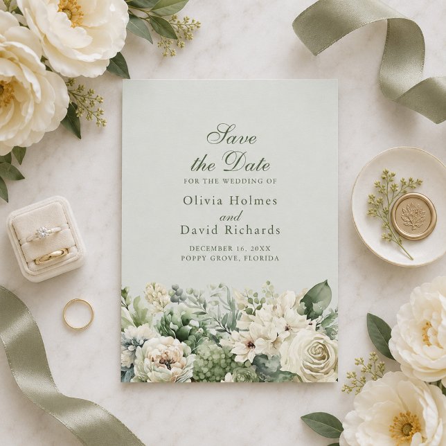 Elegant sagegrön blommig Spara datum-kort Datumet (Elegant Sage Green Floral Save The Date Card)
