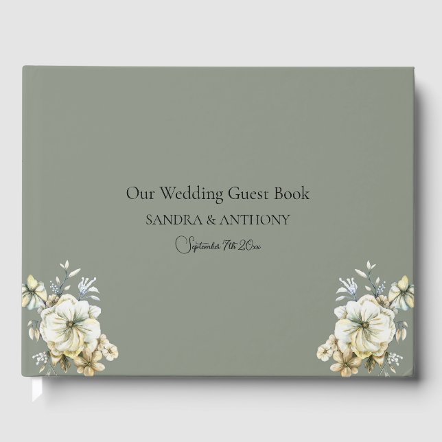 Elegant sagegrön blomsterlig bok för bröllopsgäste (Framsida)