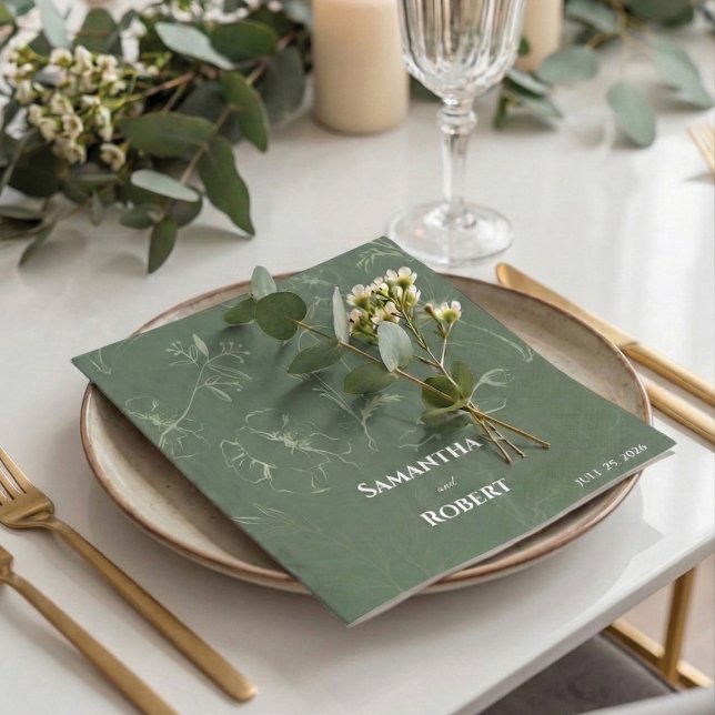 Elegant sagegrön blomsterlinjekonstpapper pappersservett (Custom sage green floral wedding paper napkin with fresh eucalyptus.)