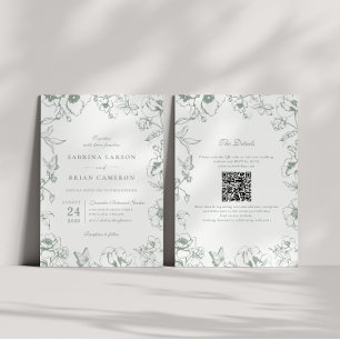 Elegant sagegrön blomsterträdgård QR-kod bröllop Inbjudningar