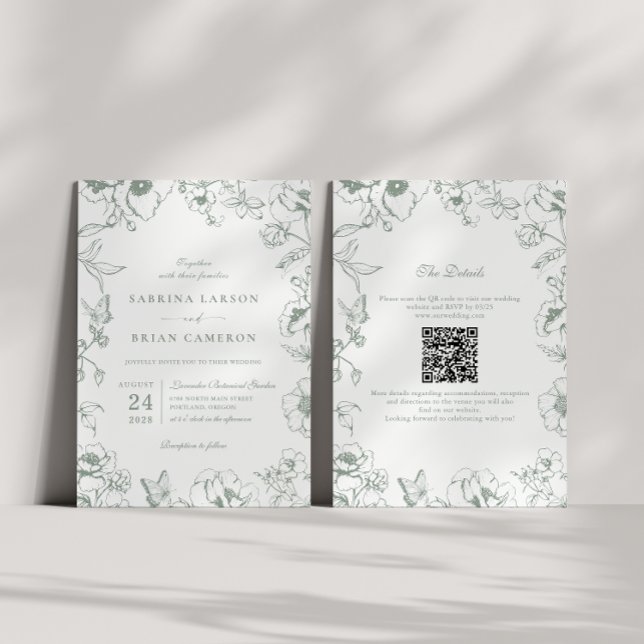 Elegant sagegrön blomsterträdgård QR-kod bröllop Inbjudningar (Skapare uppladdad)