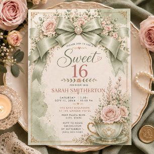 Elegant Sagegrön Blush Coquette Bow Sweet 16 Inbjudningar
