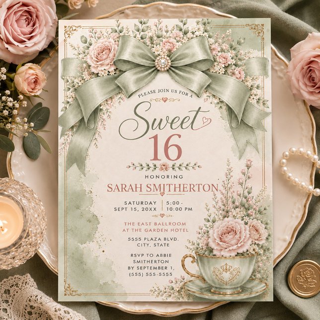 Elegant Sagegrön Blush Coquette Bow Sweet 16 Inbjudningar (Elegant sage green coquette bow and blush pink floral Sweet 16 invitation)