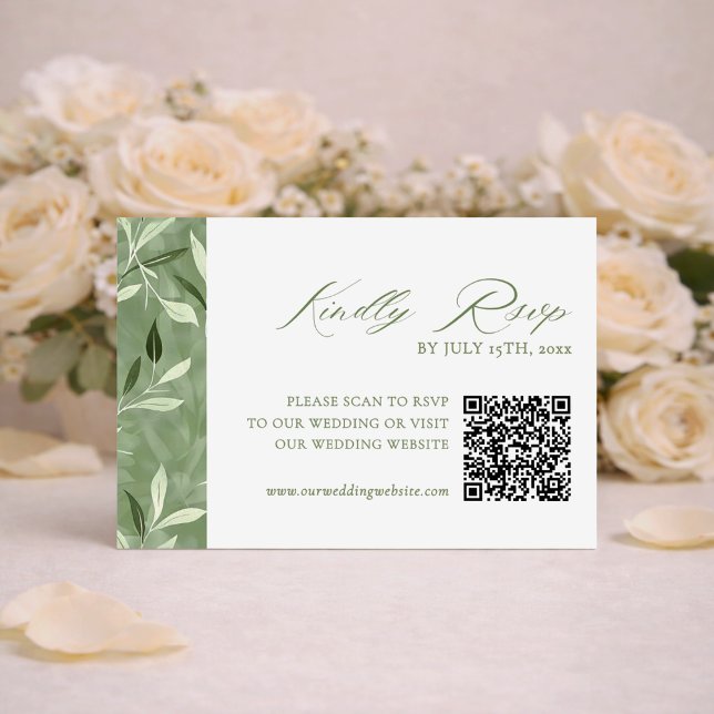 Elegant Sagegrön Botanisk Bröllops-QR-kod RSVP OSA Kort (Skapare uppladdad)