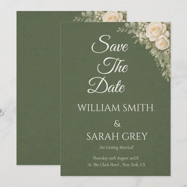 Elegant sagegrön bröllops kallelse save the date spara datumet (Fram/baksida)
