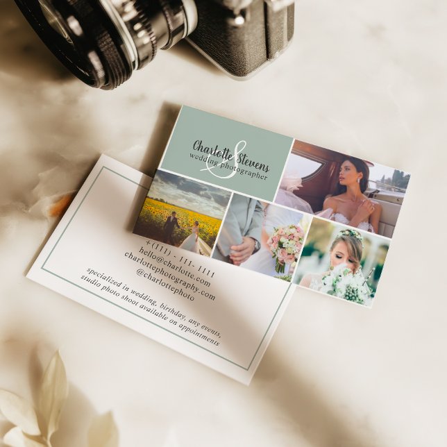 Elegant sagegrön bröllopsfotograf kollaasj visitkort (Chic sage green wedding photographer collage business card)
