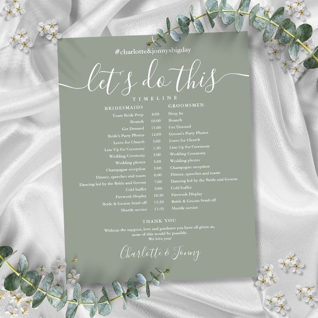 Elegant Sagegrön Bröllopsschema Tidslinje (Elegant Sage Green Wedding Schedule Timeline)