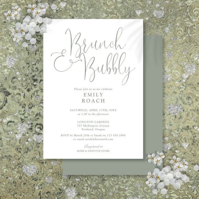 Elegant Sagegrön Brunch Och Bubbly Bröllopsfest Inbjudningar (Elegant Sage Green Brunch And Bubbly Bridal Shower Invitation)