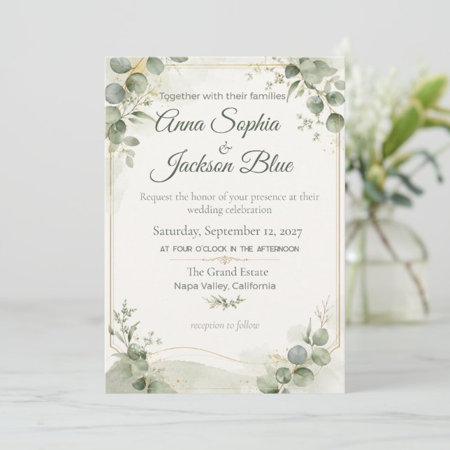 Elegant Sagegrön Eucalyptus Bröllopsinbjudan | Inbjudningar (Stående Fram)