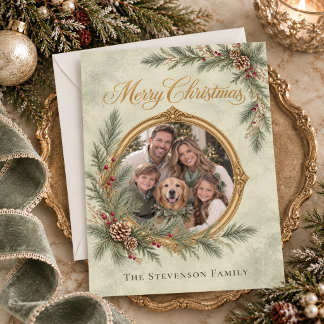 Elegant Sagegrön God Jul Familjefoto Julkort