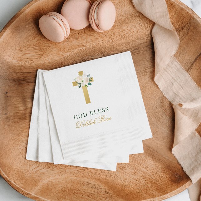 Elegant Sagegrön Guld Blommig Kors Dop Pappersservett (Skapare uppladdad)