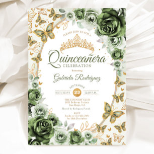 Elegant Sagegrön Guld Blommig Quinceanera Inbjudningar