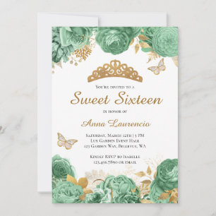 Elegant Sagegrön Guld Blommig Sweet 16 Sexton Inbjudningar