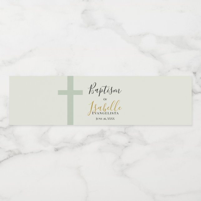 Elegant Sagegrön Guld Minimal Kors Döpelse Vattenflaskor Etikett (Singel etikett)