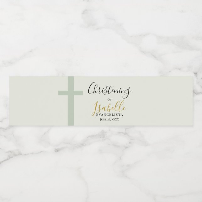 Elegant Sagegrön Guld Minimal Kors Dopfest Vattenflaskor Etikett (Singel etikett)
