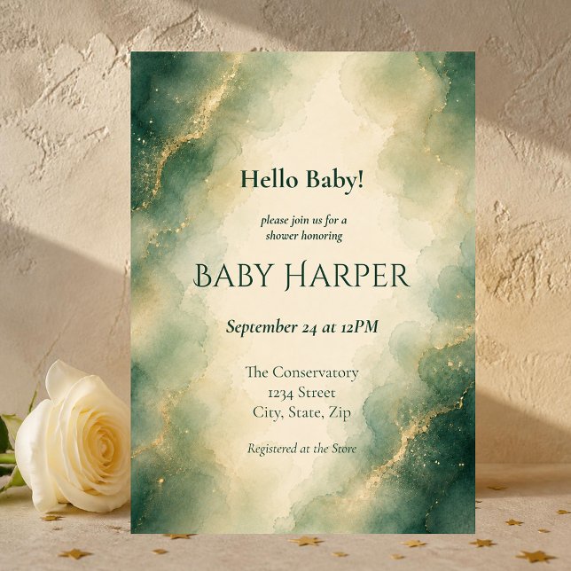Elegant Sagegrön & Guld Vattenfärg Bebisdopp Inbjudningar (Elegant sage green and gold watercolor baby shower invitation for a gender-neutral botanical shower.)