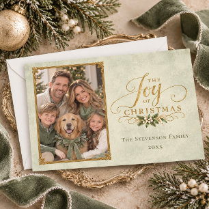 Elegant Sagegrön Julglädje Familjefoto Julkort