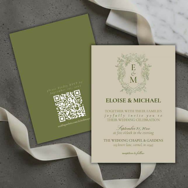 Elegant Sagegrön Kammonogram Bröllop Inbjudningar (Elegant Sage Green Crest Monogram Wedding Invitation)