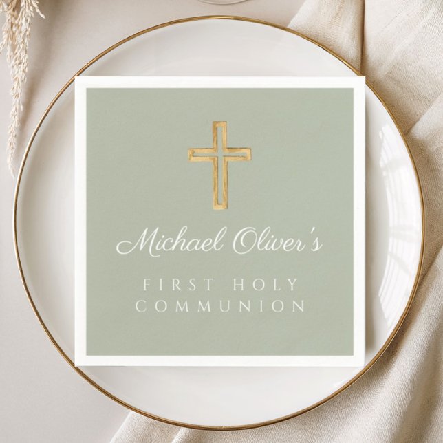 Elegant sagegrön kors första kommunion pappersservett (Elegant Sage Green Cross First Communion Napkins)