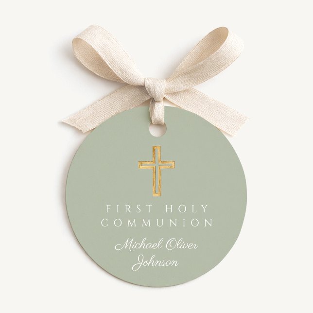 Elegant Sagegrön Kors Första Kommunion Rund Gåvor Etiketter (Elegant Sage Green Cross First Communion Round Favor Tags)
