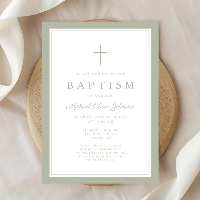 Elegant Sagegrön Kors Pojke Dop Inbjudningar (Elegant Sage Green Cross Boy Baptism Invitation)