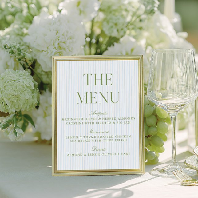Elegant sagegrön och blå bröllopsmenytecken (Elegant Sage Green & Blue Wedding Menu Sign)