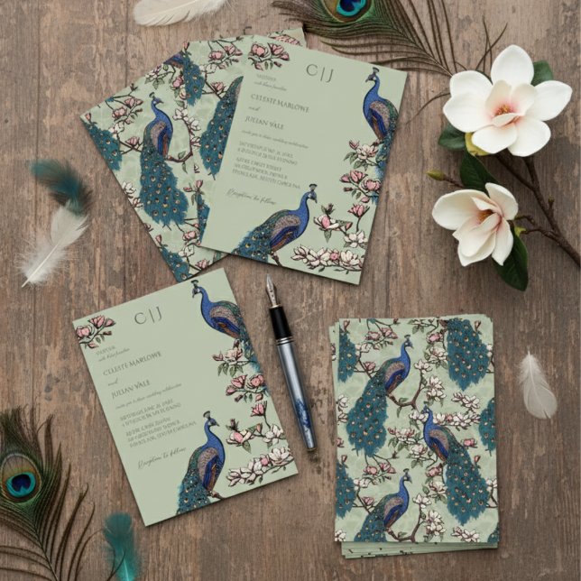 Elegant Sagegrön Påfågel och Blommig Bröllopsinbju Inbjudningar (Elegant Floral Peacock Wedding Invitations in Sage Green. Pattern of Peafowl Birds & Magnolia Flower)
