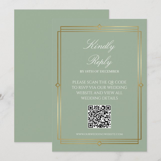 Elegant Sagegrön QR-kod RSVP  Inbjudningar (Fram/baksida)