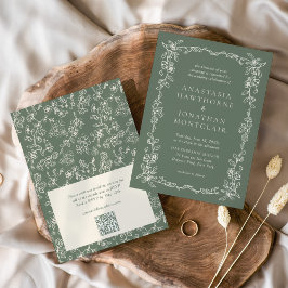 Elegant Sagegrön QR-kod RSVP Victorian Bröllop Inbjudningar