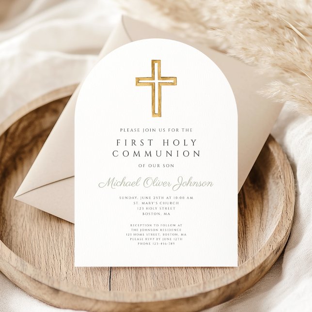 Elegant sagegrön religiös första kommunionbåge inbjudningar (Elegant Sage Green Religious First Communion Arch Invitation)