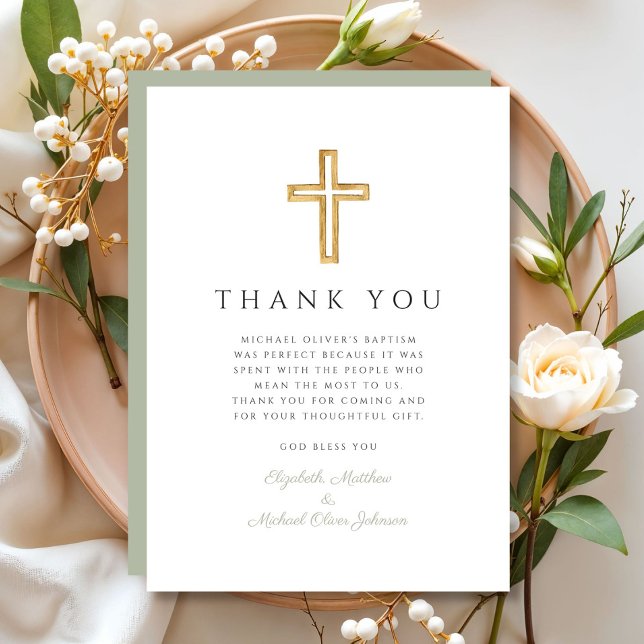 Elegant Sagegrön Religiös Kors Dopfest Tack Kort (Elegant Sage Green Religious Cross Baptism Thank You Card)
