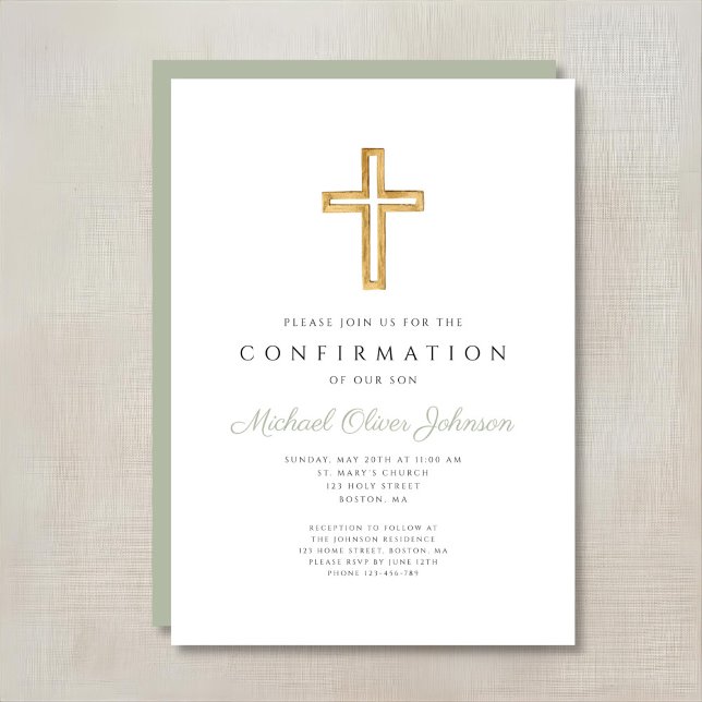 Elegant Sagegrön Religiös Korsbekräftelse Inbjudningar (Elegant Sage Green Religious Cross Confirmation Invitation)