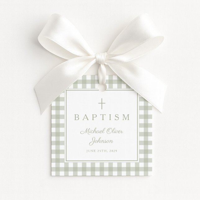 Elegant Sagegrön Rutig Dop Tacksamhet  Gåvor Etiketter (Elegant Sage Green Gingham Baptism Thank You Favor Tags)