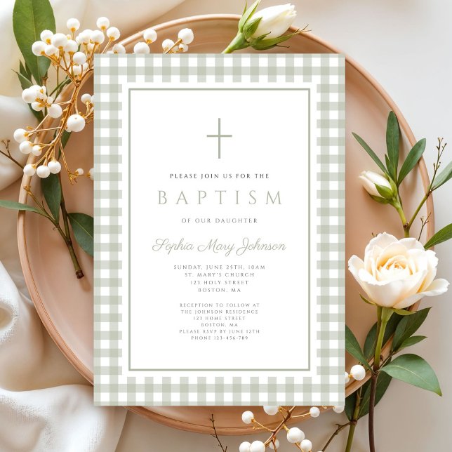 Elegant Sagegrön Rutig Flickdop Inbjudningar (Elegant Sage Green Gingham Girl Baptism Invitation)