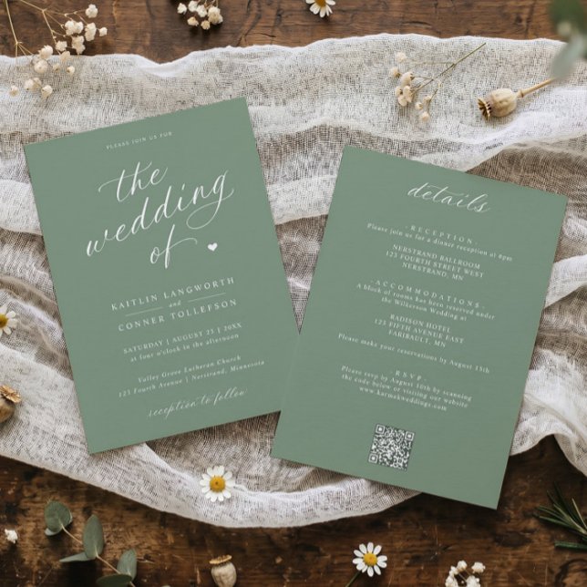 Elegant Sagegrön Script Bröllop Allt-i-ett Inbjudningar (Sage green wedding invitation with white script, elegant typography and heart design.)