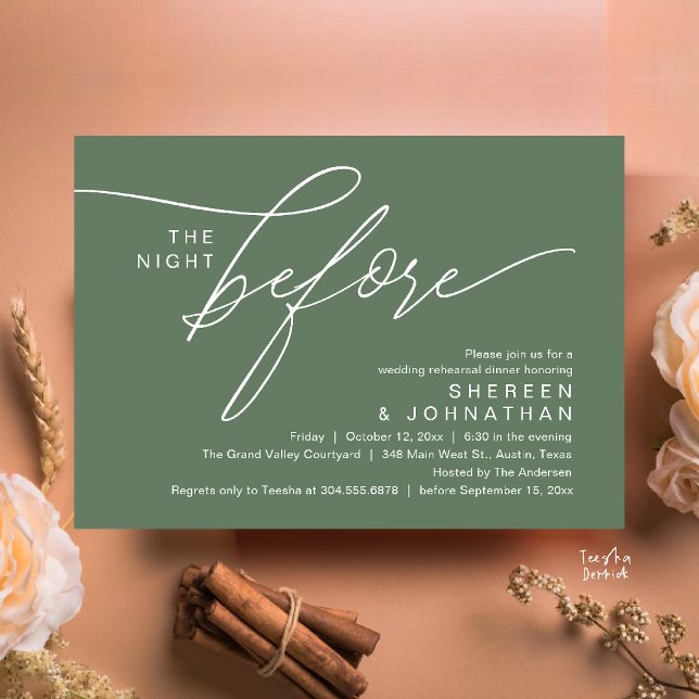 Elegant sagegrön script bröllopsrepetition middag inbjudningar (Elegant Script Wedding Rehearsal Dinner Invitation Card in Sage Green)