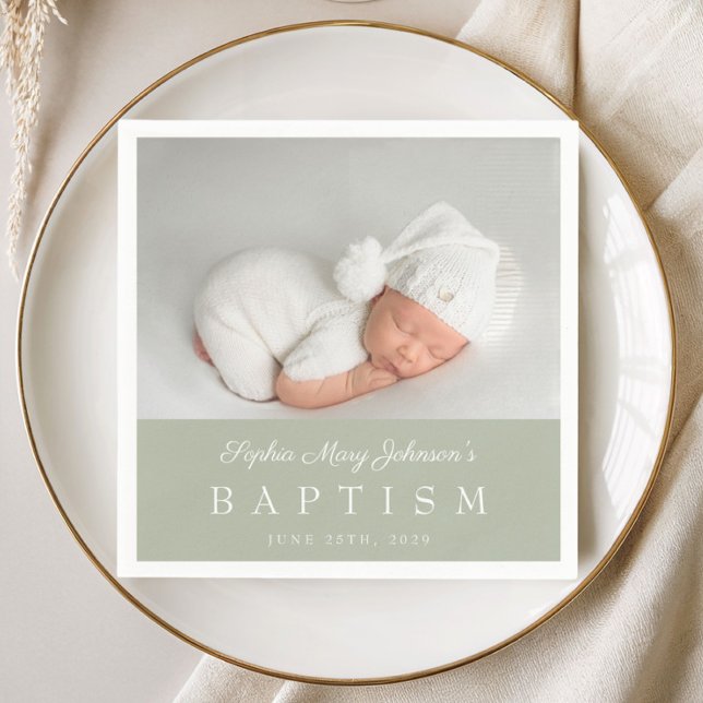 Elegant Sagegrön Script Foto Dop Pappersservett (Elegant Sage Green Script Photo Baptism Napkins)