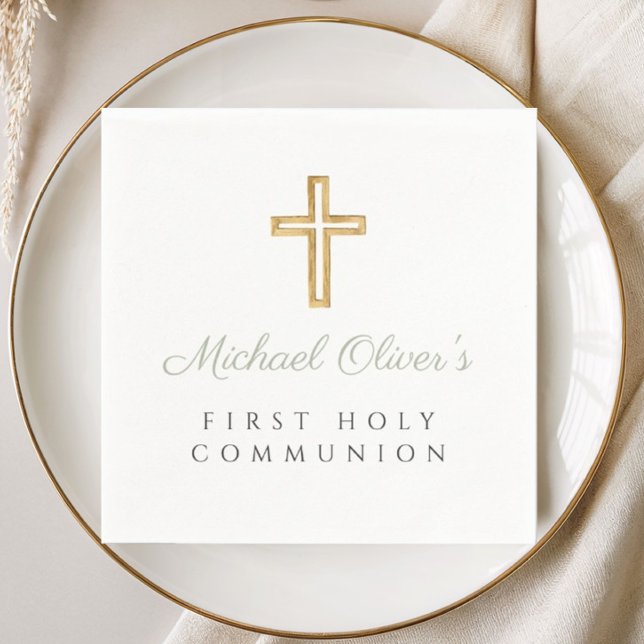 Elegant Sagegrön Skript Kors Första Nattvarden Pappersservett (Elegant Sage Green Script Cross First Communion Napkins)
