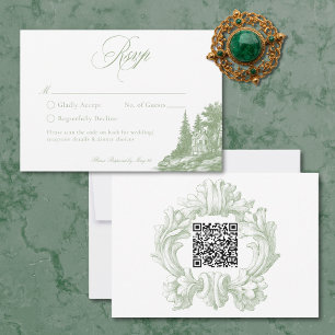 Elegant Sagegrön Toile Fransk Gods Bröllop QR OSA Kort