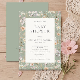Elegant Sagegrön Vildblomma QR-kod Baby Shower Inbjudningar