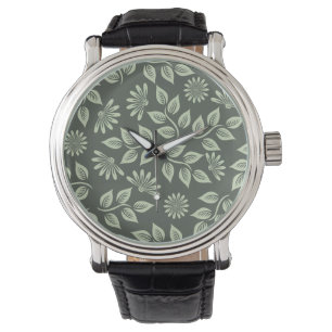Elegant Sagegrön Vintage Blommig Armbandsur