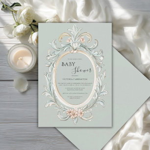 Elegant Sagegrön Vintage Ram Babyshower Inbjudningar