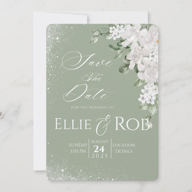 Elegant Sagegrön Vit Blommig Spara Datum Datumet (Framsida)