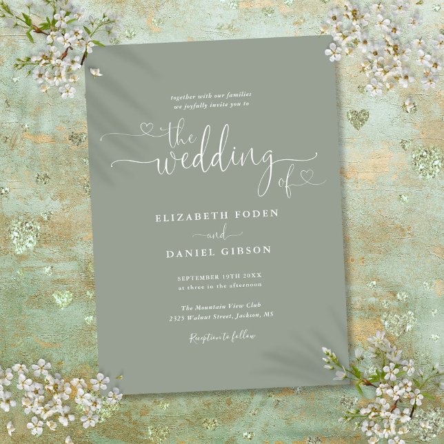Elegant sagegröna hjärtan kalligrafi bröllop inbjudningar (Elegant Sage Green Hearts Calligraphy Wedding Invitation)