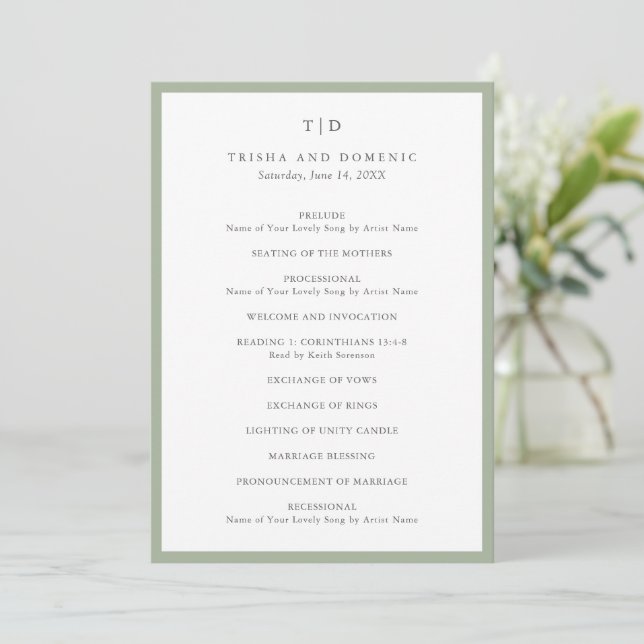 Elegant Saggriksgrön Monogram Modern Bröllop Program (Stående Fram)