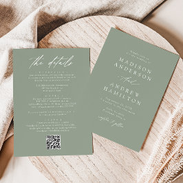 Elegant Saggrön Allt-i-ett QR-kod Bröllop Inbjudningar