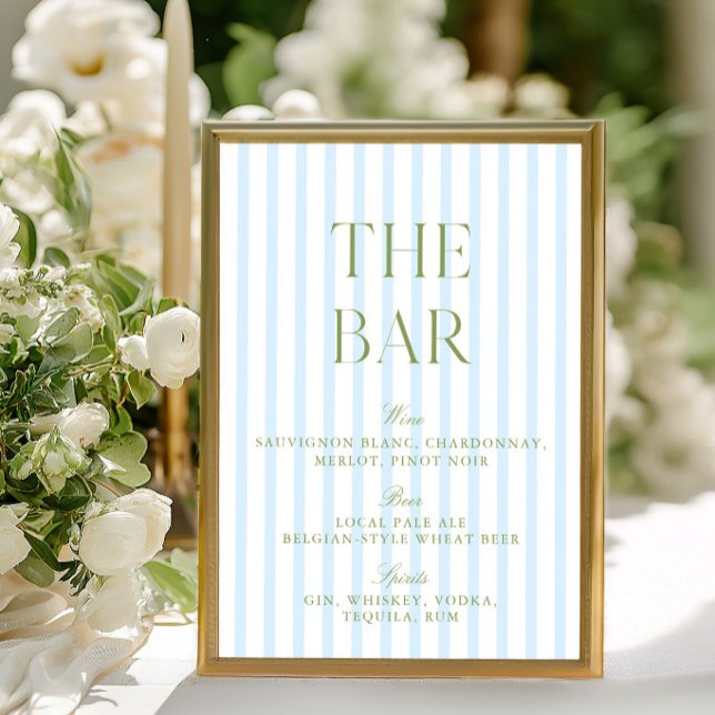 Elegant Saggrön & Blå Randig Bröllopsbarskylt Inbjudningar (Elegant Sage Green & Blue Striped Wedding Bar Sign)