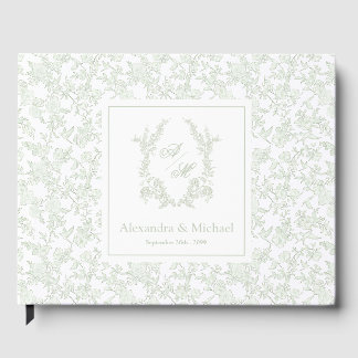 Elegant Saggrön Blommig Monogram Kröningsvapen Brö Gästböcker