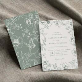 Elegant Saggrön Blommig Trädgård Bröllop Inbjudningar